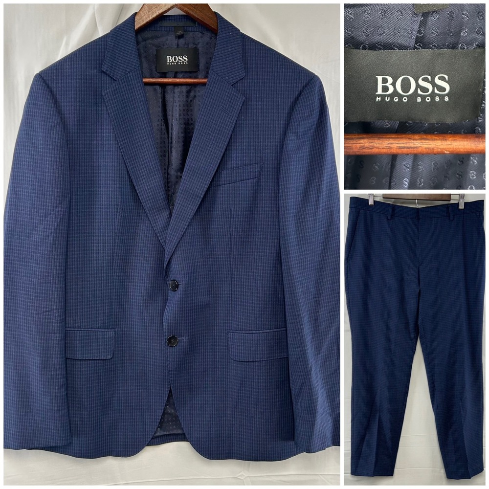 Hugo Boss Suit Mens 42S 36x29 Navy Blue Slim Fit Guabello Italian Super 120 Wool